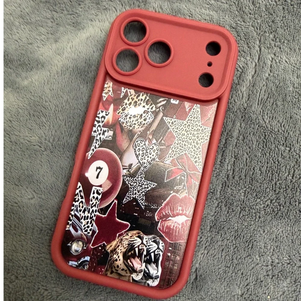 Unbranded Phone Case iPhone 17 Pro Max wine Red Leopard Tiger Collage Grunge